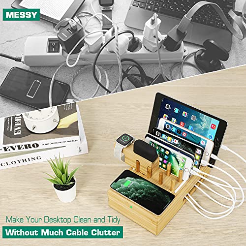 Bamboo Charging Station for Multiple Devices - Darfoo Docking Station Organizer, 1 Qi-Certified Fast Wireless Charger, and 7 USB Charging Ports Compatible with Cellphone, Smart Watch, Earbuds, Tablet