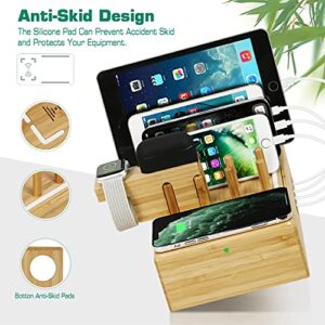 Bamboo Charging Station for Multiple Devices - Darfoo Docking Station Organizer, 1 Qi-Certified Fast Wireless Charger, and 7 USB Charging Ports Compatible with Cellphone, Smart Watch, Earbuds, Tablet