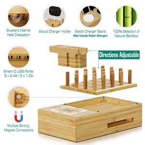 Bamboo Charging Station for Multiple Devices - Darfoo Docking Station Organizer, 1 Qi-Certified Fast Wireless Charger, and 7 USB Charging Ports Compatible with Cellphone, Smart Watch, Earbuds, Tablet