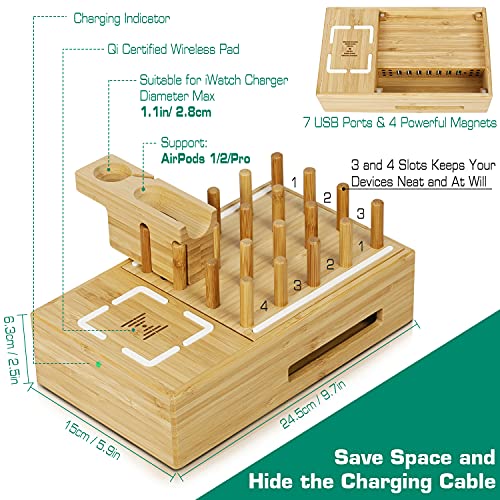 Bamboo Charging Station for Multiple Devices - Darfoo Docking Station Organizer, 1 Qi-Certified Fast Wireless Charger, and 7 USB Charging Ports Compatible with Cellphone, Smart Watch, Earbuds, Tablet