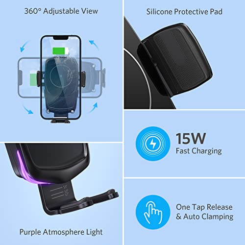 Wireless Car Charger, BESTEK 15W Fast Charging Wireless Car Charger Mount, Auto Clamping Car Wireless Charger, Air Vent Phone Holder Compatible with iPhone 13/12/11/XS/X/8 Series, Samsung S20/S10 etc