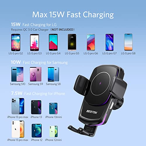 Wireless Car Charger, BESTEK 15W Fast Charging Wireless Car Charger Mount, Auto Clamping Car Wireless Charger, Air Vent Phone Holder Compatible with iPhone 13/12/11/XS/X/8 Series, Samsung S20/S10 etc