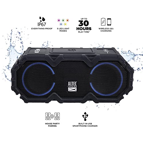 Altec Lansing LifeJacket Jolt - Waterproof Bluetooth Speaker, Durable & Portable Speaker with Qi Wireless Charging and Voice Assistant, Black w/Lights