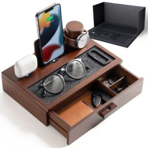 Nightstand Organizer For Men - Wood Phone Docking Station to Charge Your Phone & Earbuds - Wood Charging Station with Lined Tray & Drawer - Mens Docking Station - Gifts for Dad Birthday Gifts for Men