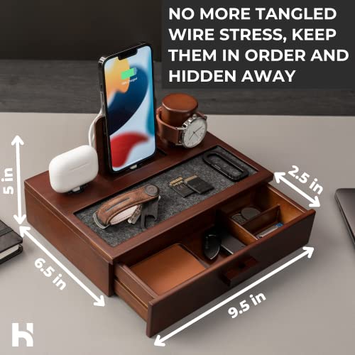 Nightstand Organizer For Men - Wood Phone Docking Station to Charge Your Phone & Earbuds - Wood Charging Station with Lined Tray & Drawer - Mens Docking Station - Gifts for Dad Birthday Gifts for Men
