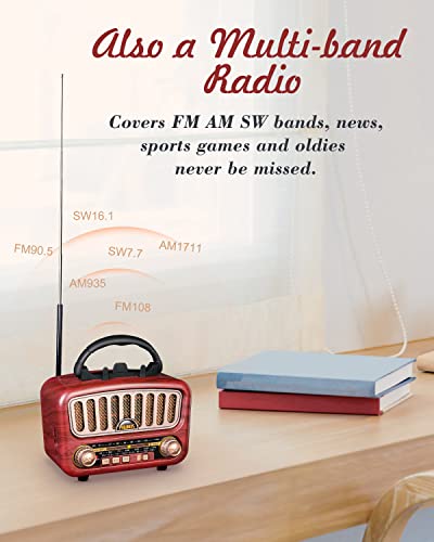 【2023 Newest】 PRUNUS J-180 Vintage Retro Radio Bluetooth Speaker with Best Sound, Portable AM FM Radio with Loud Volume, Bluetooth 5.0 Wireless Connection, TF Card & MP3 Player, Rechargeable Speaker