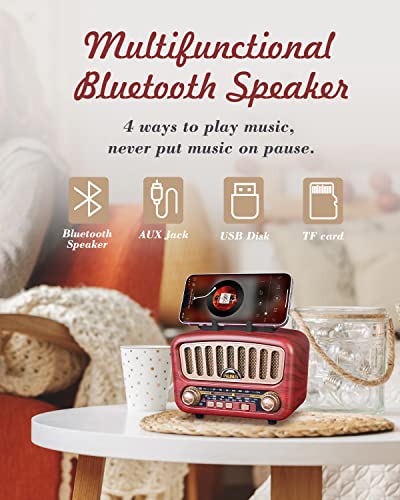 【2023 Newest】 PRUNUS J-180 Vintage Retro Radio Bluetooth Speaker with Best Sound, Portable AM FM Radio with Loud Volume, Bluetooth 5.0 Wireless Connection, TF Card & MP3 Player, Rechargeable Speaker