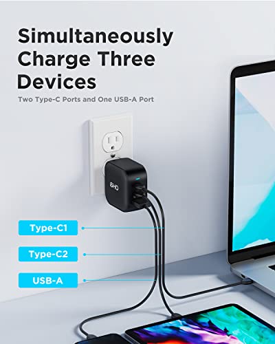 USB C Charger, EHO 65W GaN III PPS Fast Charger Adapter, 3-Port Foldable Compact Wall Charger Compatible with MacBook Pro/Air, Galaxy S22/S21, Note 20/10+, iPhone 13/12, iPad Pro, and More, Black
