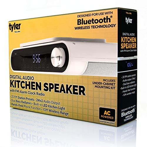 Tyler Bluetooth Under The Cabinet Universal Wireless Music System, Kitchen Clock Radio, FM Radio, Digital Clock, Hands Free Speakerphone, LED Work Surface Lighting - White (TKS2-WH)