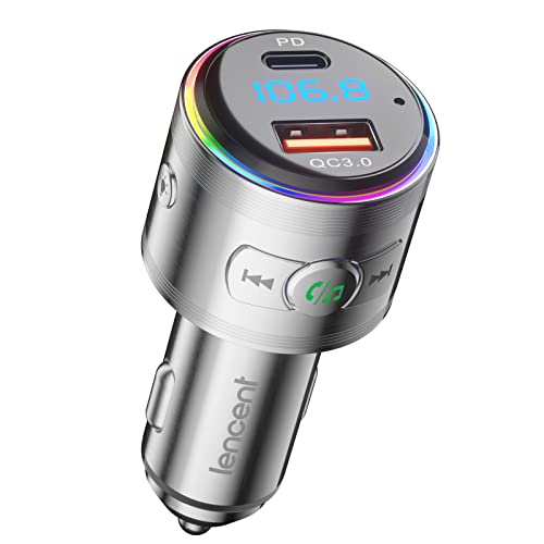 LENCENT Bluetooth 5.3 FM Transmitter,Full Metal Bluetooth car Adapter with PD 20W & QC3.0 Fast Charger,Hi-Fi Music/Clear Calling car FM Bluetooth Adapter,【Color Light】