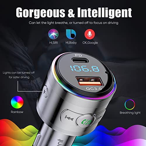 LENCENT Bluetooth 5.3 FM Transmitter,Full Metal Bluetooth car Adapter with PD 20W & QC3.0 Fast Charger,Hi-Fi Music/Clear Calling car FM Bluetooth Adapter,【Color Light】