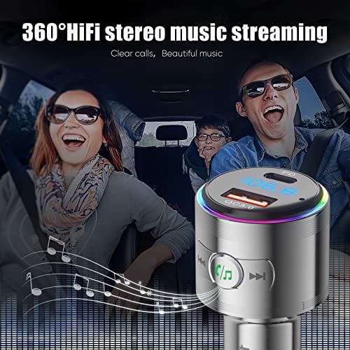 LENCENT Bluetooth 5.3 FM Transmitter,Full Metal Bluetooth car Adapter with PD 20W & QC3.0 Fast Charger,Hi-Fi Music/Clear Calling car FM Bluetooth Adapter,【Color Light】