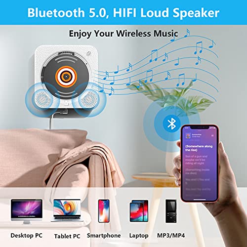 AONCO Portable CD Player, Upgrade Wall Mount CD Player, Bluetooth Home Audio with Dust Cover/Remote Control, LED Screen, Built-in Hi-Fi Speaker, Support CD/Bluetooth/FM Radio/U Disk/SD Card/AUX