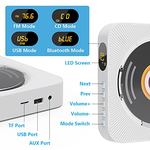 AONCO Portable CD Player, Upgrade Wall Mount CD Player, Bluetooth Home Audio with Dust Cover/Remote Control, LED Screen, Built-in Hi-Fi Speaker, Support CD/Bluetooth/FM Radio/U Disk/SD Card/AUX