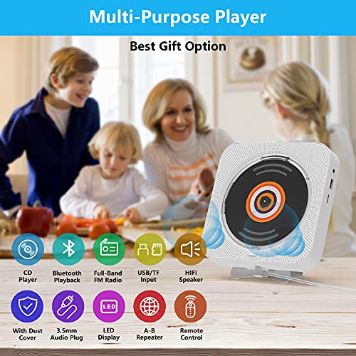 AONCO Portable CD Player, Upgrade Wall Mount CD Player, Bluetooth Home Audio with Dust Cover/Remote Control, LED Screen, Built-in Hi-Fi Speaker, Support CD/Bluetooth/FM Radio/U Disk/SD Card/AUX