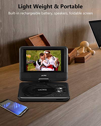 UEME Mini DVD Player for Kids with 7 inches Swivel Screen and Internal Rechargeable Battery, Support DVD CD USB SD Card, with Car Headrest Mount Holder, Region Free