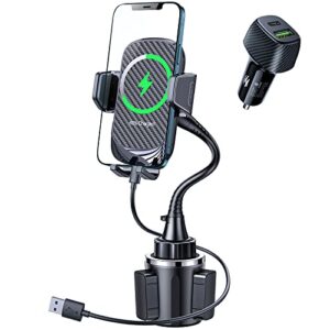 [fast charging] andobil 15in wireless car charger, [upgraded secure chip] qi car cup phone mount with adapter adjustable gooseneck cup holder charger compatible with iphone 14 13 12 pro max s22 s21