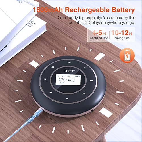 HOTT C105 Portable CD Player for Car with Bluetooth and FM Transmitter Rechargeable Compact CD Player with Touch Button Backlight Display for Home