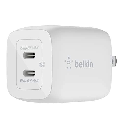 Belkin 45W Dual USB-C Wall Charger, Fast Charging Power Delivery 3.0 with GaN Technology for iPhone 14, 13, Pro, Pro Max, Mini, iPad Pro 12.9, MacBook, Galaxy S23, S23+, Ultra, Tablet, More - White