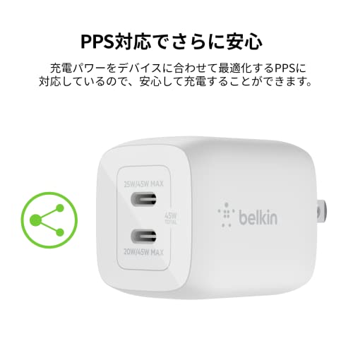 Belkin 45W Dual USB-C Wall Charger, Fast Charging Power Delivery 3.0 with GaN Technology for iPhone 14, 13, Pro, Pro Max, Mini, iPad Pro 12.9, MacBook, Galaxy S23, S23+, Ultra, Tablet, More - White