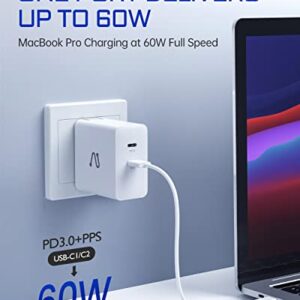 USB C Wall Charger, Aergiatech 60W PD 3.0 PPS GaN Charger, USB C Fast Charger Block Dual Port with Foldable Plug for MacBook Air, iPad Air/Pro, iPhone 13 Pro Max, Galaxy S22+/S22 Ultra, Pixel, White