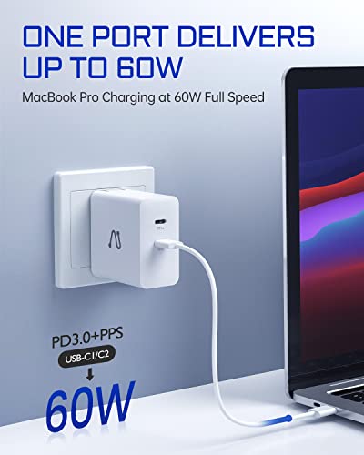 USB C Wall Charger, Aergiatech 60W PD 3.0 PPS GaN Charger, USB C Fast Charger Block Dual Port with Foldable Plug for MacBook Air, iPad Air/Pro, iPhone 13 Pro Max, Galaxy S22+/S22 Ultra, Pixel, White