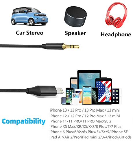 Wahbite Lightning to 3.5mm Audio Cable Compatible with iPhone 14/13/12/11/XR/XS/X/8/7/6 Plus/SE 2, iPad