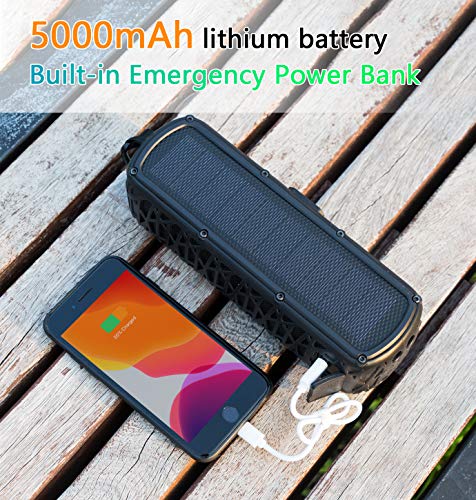 ABFOCE Solar Bluetooth Speaker Portable Outdoor Bluetooth IPX6 Waterproof Speaker with 5000mAh Power Bank,60 Hours Play Time Dual Speaker with Mic, Stereo Sound with Bass Home Wireless Speaker-Black