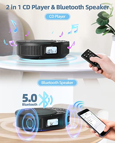 CD Player Portable, FELEMAN Upgraded 2 in 1 Portable CD Player & Bluetooth Speaker, Rechargeable Boombox CD Player for Car/Home with Remote Control, FM Radio, Support AUX/USB, Headphone Jack