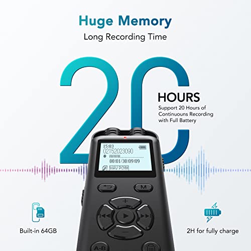64GB Digital Voice Recorder for Lectures Meetings,Timing Recording Voice Activated Recorder Device with Playback, Upgraded Small Tape Recorder Audio Recorder USB Charge