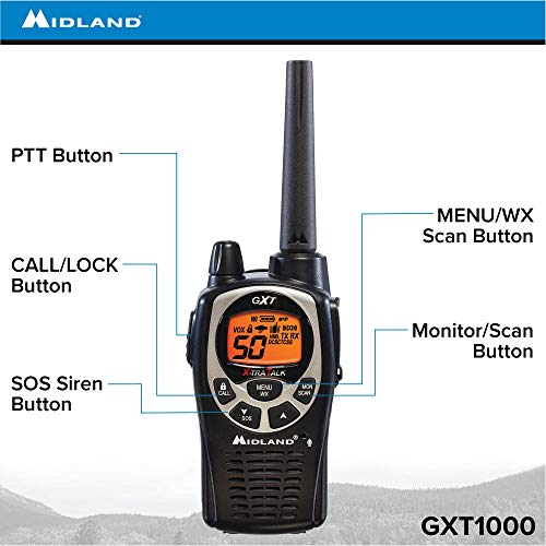 Midland GXT1000 GMRS Walkie Talkie - Long Range Two Way Radio with NOAA Weather Scan + Alert, 50 Channels, and 142 Privacy Codes (Black/Silver, 10 Radios)