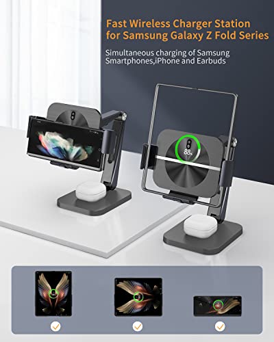 MAKAQI Wireless Charging Station for Z Fold 4/3/2, [3 Coils] 2 in 1 Fast Wireless Charger Stand for Samsung Galaxy Z Fold Series, Galaxy Buds 2 Pro/Buds Pro/Buds 2 / Buds Live