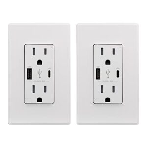 elegrp 36w pd 2.0 quick charge usb wall outlet, type a & type c power delivery and quick charge for iphone/ipad/samsung/android, 15a usb receptacle, ul listed, w/wall plate, 2 pack, matte white