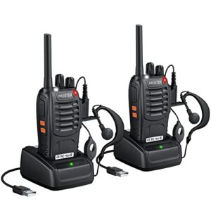 proster rechargeable walkie talkies 1 pair, 16 channel long range two way radios with usb charger earpiece mic, handheld walky talky transceiver 2 pack