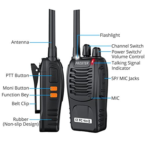 Proster Rechargeable Walkie Talkies 1 Pair, 16 Channel Long Range Two Way Radios with USB Charger Earpiece Mic, Handheld Walky Talky Transceiver 2 Pack