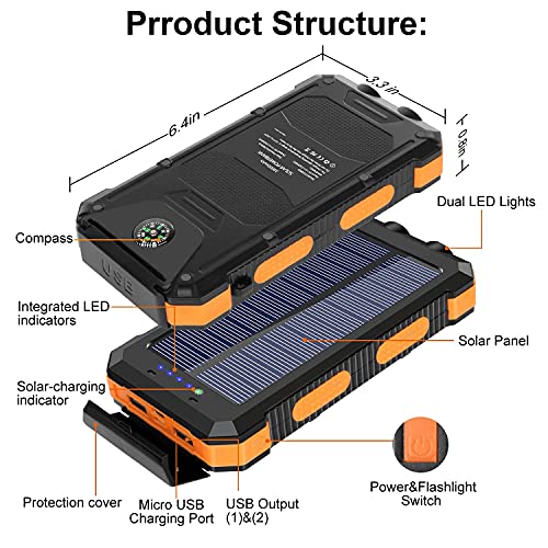 Solar Charger 30000mAh, Portable Solar Power Bank External USB Battery Pack with LED Flashlight, Waterproof Solar Phone Charger for Outdoor Camping Travel, Compatible with Cell Phones and Tablet