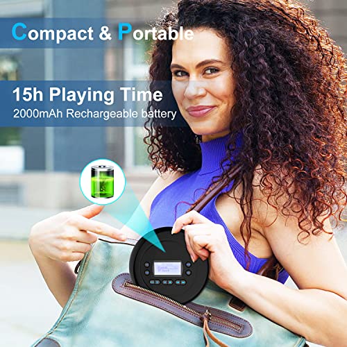 CD Player Portable,Bluetooth CD Player with Dual Headphone Jack for Home, Rechargeable Walkman Small CD Player for Car,CD Player with Bluetooth Visibility LCD Screen