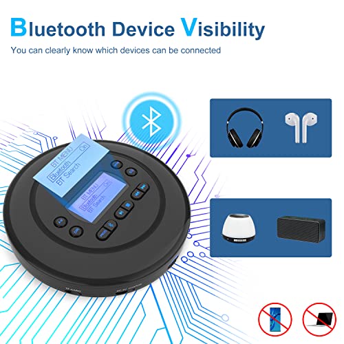 CD Player Portable,Bluetooth CD Player with Dual Headphone Jack for Home, Rechargeable Walkman Small CD Player for Car,CD Player with Bluetooth Visibility LCD Screen