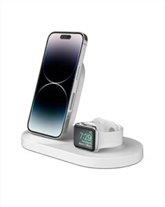 belkin 3-in-1 wireless charging station – fast wireless charging for apple iphone 14, iphone 13 & iphone 12 series & apple watch (all series) – with additional usb a port for multiple devices (white)
