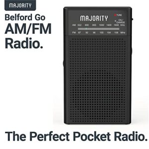 Rechargeable FM/AM Pocket Radio | Mini Portable Radio with 10 Hours of Playback, USB Charging and Headphone Jack | Majority Belford Go FM and AM Radio | Clear Sound Quality and Excellent Reception