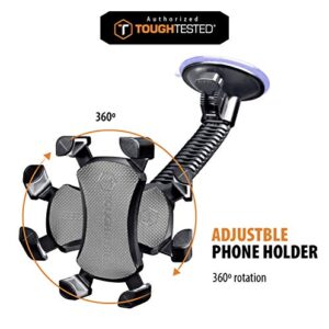 ToughTested Mammoth Windshield Mobile Mount, Features Double-Ribbed Gooseneck Arm, Expandable Claw Grip Holder with 360 Degree Rotation, Extra Large Suction Cup, Quick Release Button