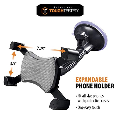 ToughTested Mammoth Windshield Mobile Mount, Features Double-Ribbed Gooseneck Arm, Expandable Claw Grip Holder with 360 Degree Rotation, Extra Large Suction Cup, Quick Release Button