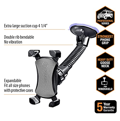 ToughTested Mammoth Windshield Mobile Mount, Features Double-Ribbed Gooseneck Arm, Expandable Claw Grip Holder with 360 Degree Rotation, Extra Large Suction Cup, Quick Release Button