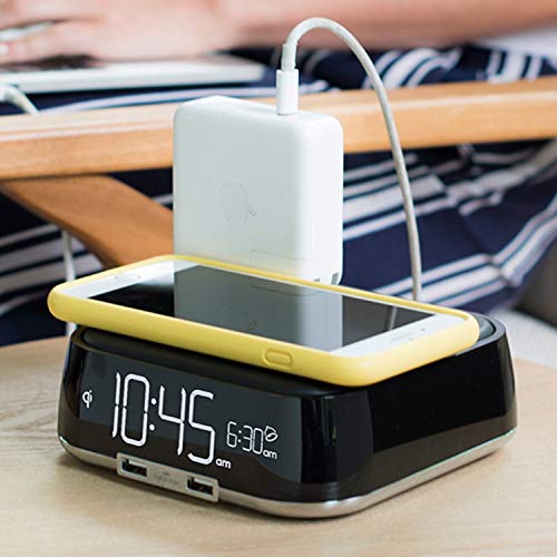 Brandstand | CubieTrio | User Friendly & Convenient Charging Alarm Clock| Qi Wireless Charger | 2 USB Ports | 2 Tamper Resistant Sockets