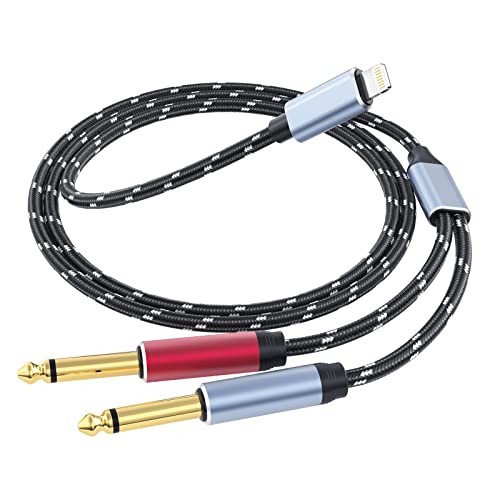 Lightning to Dual 6.35mm 1/4" TS Mono Stereo Y-Cable Splitter Lightning to Dual 1/4 inch Audio Cable Compatible for iPhone12/11/X/XS/XR/8/7/iPad,Amplifier, Speaker, Headphone, Mixing Console 3.3FT