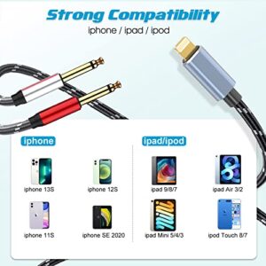 Lightning to Dual 6.35mm 1/4" TS Mono Stereo Y-Cable Splitter Lightning to Dual 1/4 inch Audio Cable Compatible for iPhone12/11/X/XS/XR/8/7/iPad,Amplifier, Speaker, Headphone, Mixing Console 3.3FT