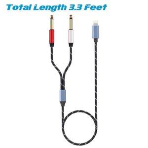 Lightning to Dual 6.35mm 1/4" TS Mono Stereo Y-Cable Splitter Lightning to Dual 1/4 inch Audio Cable Compatible for iPhone12/11/X/XS/XR/8/7/iPad,Amplifier, Speaker, Headphone, Mixing Console 3.3FT