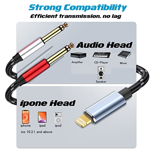 Lightning to Dual 6.35mm 1/4" TS Mono Stereo Y-Cable Splitter Lightning to Dual 1/4 inch Audio Cable Compatible for iPhone12/11/X/XS/XR/8/7/iPad,Amplifier, Speaker, Headphone, Mixing Console 3.3FT