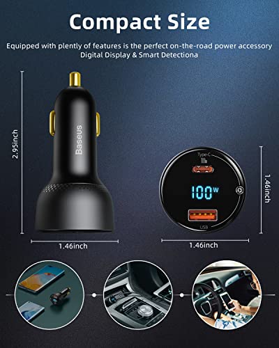 100W USB C Car Charger, Baseus PD3.0 QC4.0 PPS Super Fast Charging Type C Car Charger with LED Display Adapter for iPhone 14/13/ Pro Max Samsung Galaxy S22/S21 Ultra/Tab S8 iPad MacBook Laptop