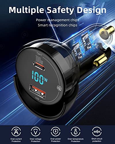 100W USB C Car Charger, Baseus PD3.0 QC4.0 PPS Super Fast Charging Type C Car Charger with LED Display Adapter for iPhone 14/13/ Pro Max Samsung Galaxy S22/S21 Ultra/Tab S8 iPad MacBook Laptop